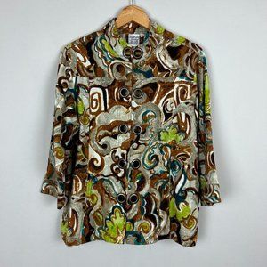 Parsley & Sage Jacket Womens Large Green Brown Abstract Grommets 3/4 Sleeve L